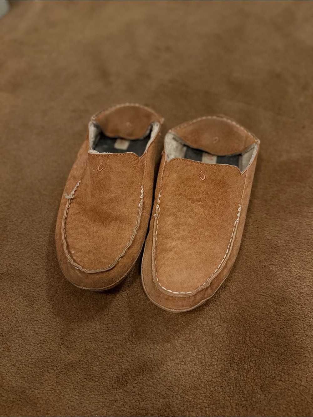 OluKai women’s Suede Slip-On Loafers in Tan Brown